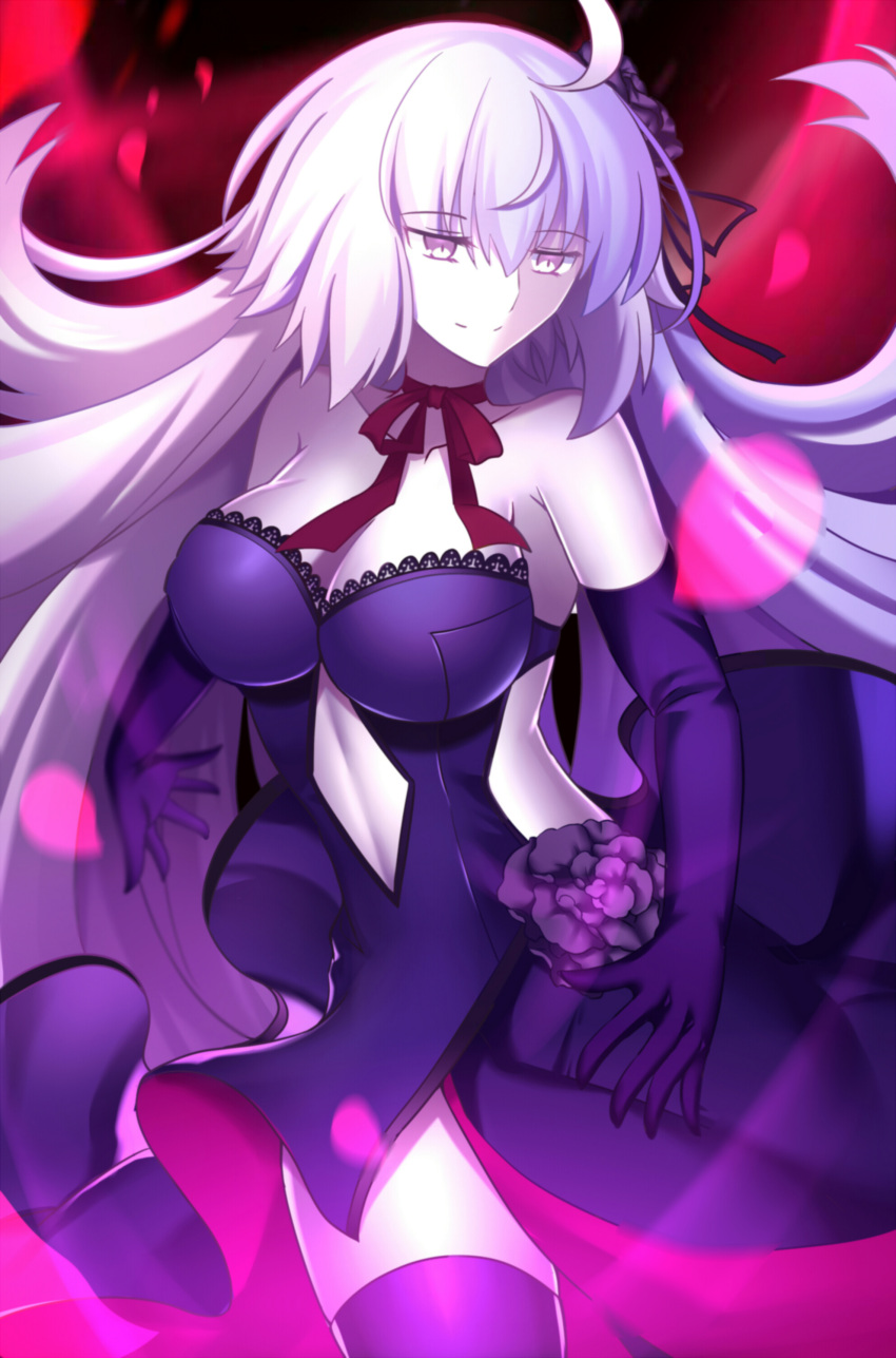 1girl absurdres bare_shoulders breasts choker cleavage dark_background dress elbow_gloves fate/grand_order fate_(series) gloves highres jeanne_alter large_breasts long_hair looking_away navel pale_skin paperfinger ruler_(fate/apocrypha) solo very_long_hair white_hair