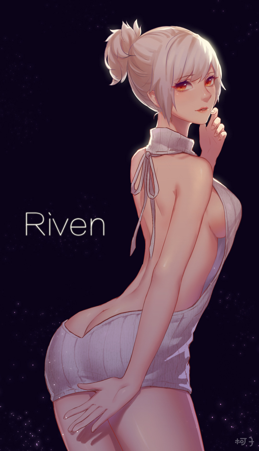 1girl ass back breasts highres kezi league_of_legends looking_at_viewer meme_attire orange_eyes riven_(league_of_legends) sideboob smile solo virgin_killer_sweater white_hair