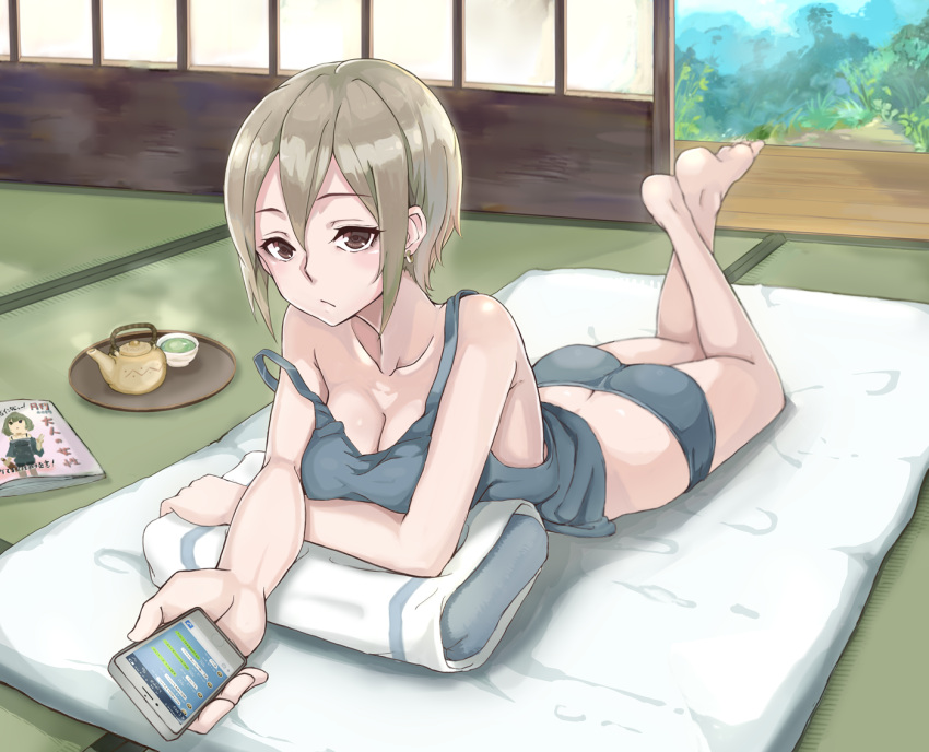 1girl :/ ass barefoot blush breasts brown_eyes brown_hair butt_crack camisole cellphone cleavage closed_mouth collarbone commentary_request cup futon hair_between_eyes holding holding_phone idolmaster idolmaster_cinderella_girls indoors legs_crossed legs_up legwear_under_shorts line_(naver) loungewear lying magazine medium_breasts naga1047 on_stomach pantyhose phone shiomi_shuuko short_hair shorts sliding_doors smartphone solo strap_slip teacup teapot tray