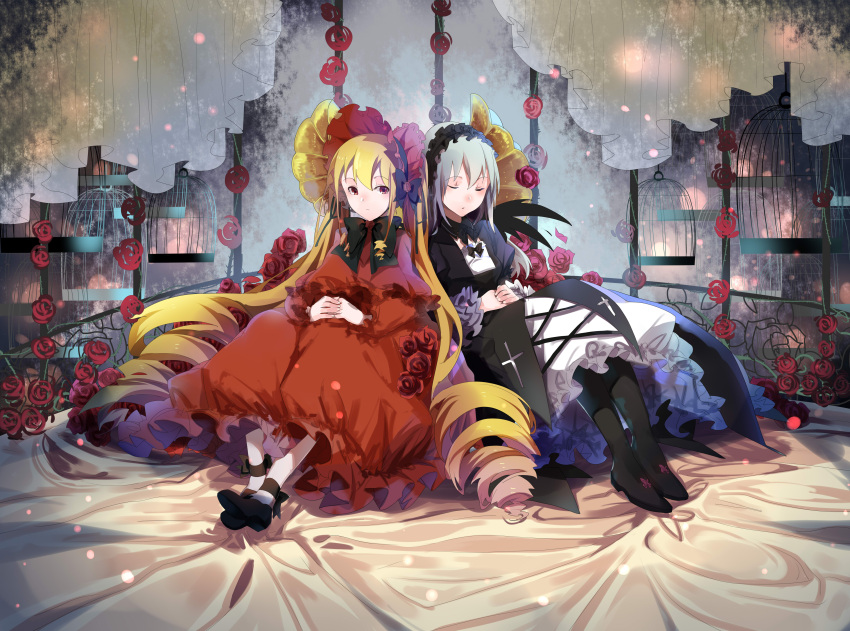 2girls absurdres birdcage black_legwear blonde_hair bonnet cage closed_eyes drill_hair expressionless flower frills gothic_lolita highres lolita_fashion long_hair multiple_girls pantyhose red_eyes rose rozen_maiden shinku sleeping suigintou white_legwear xiaonuo_(1906803064)