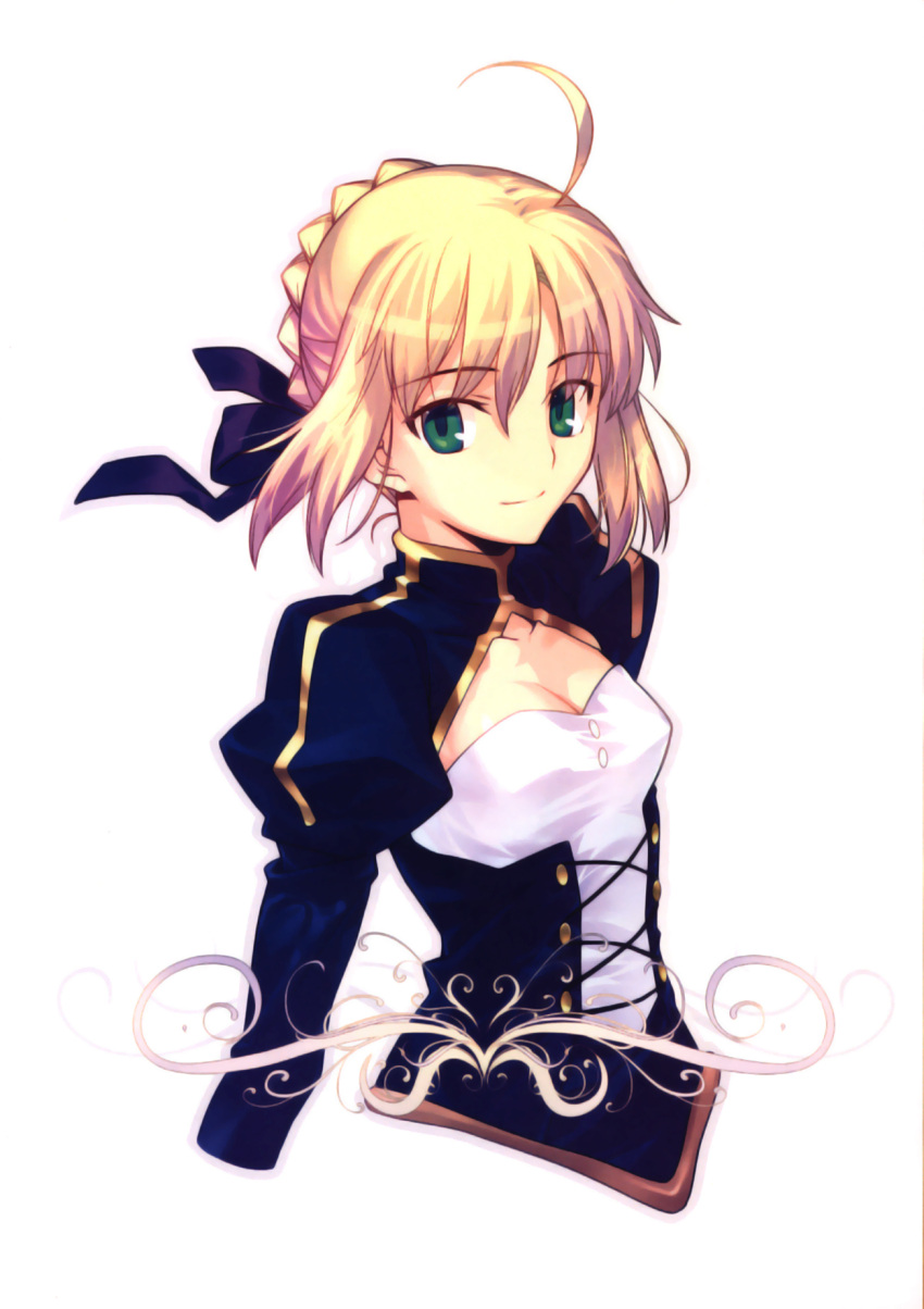 1girl ahoge black_ribbon blonde_hair breasts cleavage crop_top eyebrows_visible_through_hair fate/stay_night fate_(series) green_eyes hair_between_eyes hair_ribbon highres looking_at_viewer medium_breasts official_art ribbon saber short_hair simple_background smile solo takeuchi_takashi upper_body white_background