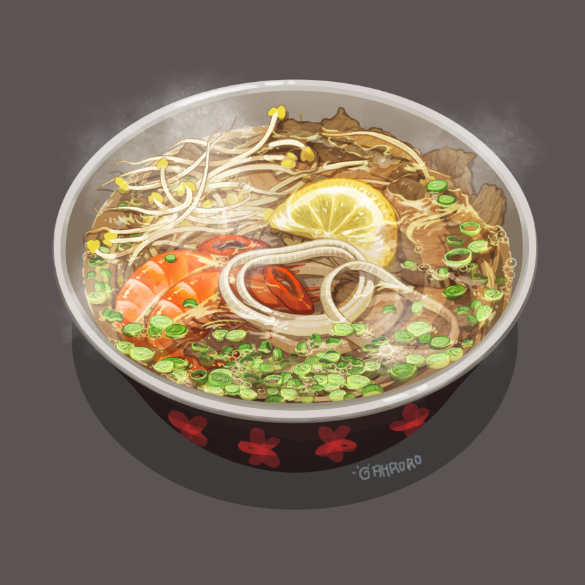 artist_request bean_sprouts bowl commentary_request food fruit grey_background highres lemon lemon_slice meat no_humans onion simple_background steam text twitter_username vegetable