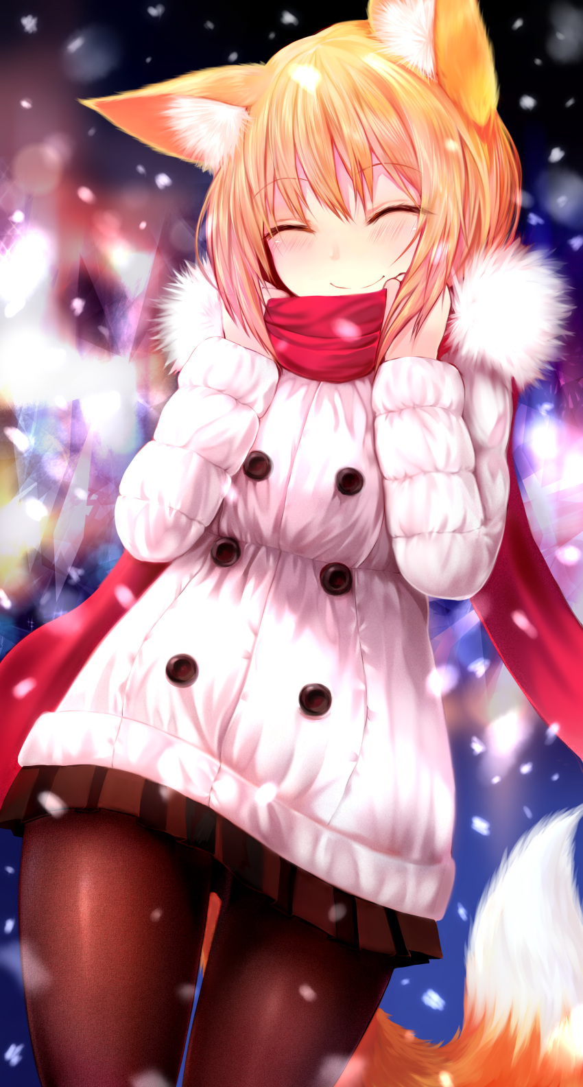 1girl ^_^ absurdres adjusting_scarf animal_ears bangs blonde_hair blurry blurry_background blush brown_legwear brown_skirt buttons closed_eyes closed_mouth coat contrapposto cowboy_shot dutch_angle evening eyebrows eyebrows_visible_through_hair facing_viewer fox_ears fox_tail fur-trimmed_coat fur_coat fur_trim hair_over_eyes hands_up head_tilt highres hood hood_down long_sleeves miniskirt original outdoors pantyhose pleated_skirt red_scarf scarf short_hair skirt smile snowing solo standing sukemyon tail white_coat winter winter_clothes winter_coat