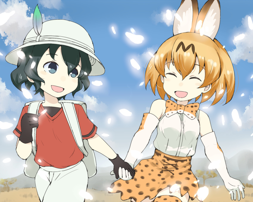 2girls ^_^ animal_ears arms_at_sides backpack bag bare_shoulders black_gloves black_hair blue_eyes blue_sky bow bowtie breasts bucket_hat closed_eyes clouds cloudy_sky cowboy_shot cross-laced_clothes day elbow_gloves eyebrows_visible_through_hair eyelashes facing_another gedou_(ge_ge_gedou) gloves hair_between_eyes hand_holding hat hat_feather kaban kemono_friends looking_at_another looking_back looking_to_the_side medium_breasts mountain multiple_girls open_mouth orange_hair outdoors red_shirt savannah serval_(kemono_friends) serval_ears serval_print shirt short_hair short_sleeves shorts skirt sky sleeveless sleeveless_shirt smile tareme thigh-highs tree walking wavy_hair white_hat white_shirt white_shorts wind zettai_ryouiki |d