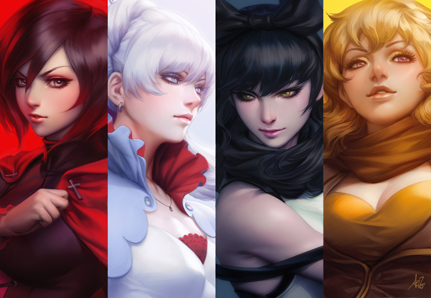 4girls black_hair blake_belladonna blonde_hair breasts cleavage column_lineup looking_at_viewer looking_to_the_side multiple_girls parted_lips realistic redhead revision ruby_rose rwby silver_hair small_breasts stanley_lau violet_eyes weiss_schnee yang_xiao_long yellow_eyes