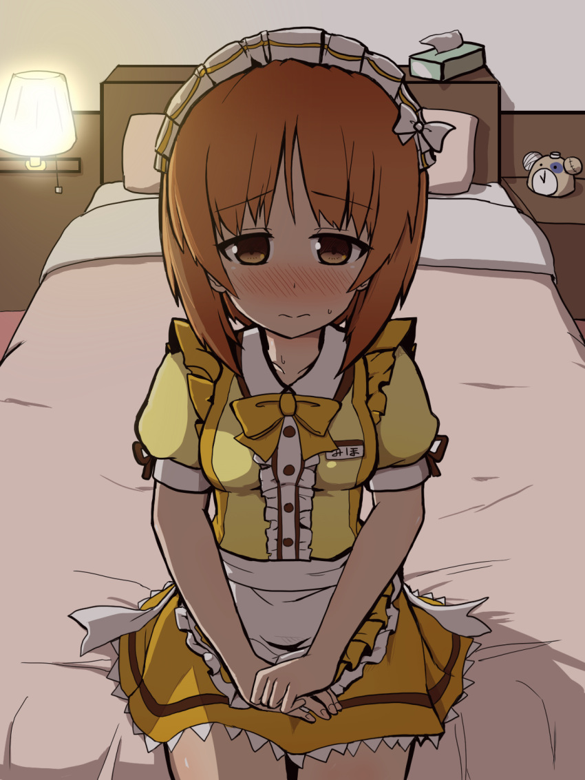 1girl alternate_costume apron bangs bed blush boko_(girls_und_panzer) bow bowtie closed_mouth coco's dress embarrassed girls_und_panzer hands_on_lap highres indoors kumo_(atm) lace lace-trimmed_dress looking_at_viewer maid_headdress name_tag nishizumi_miho short_dress short_hair sitting solo sweat waist_apron waitress wavy_mouth yellow_bow yellow_bowtie yellow_dress
