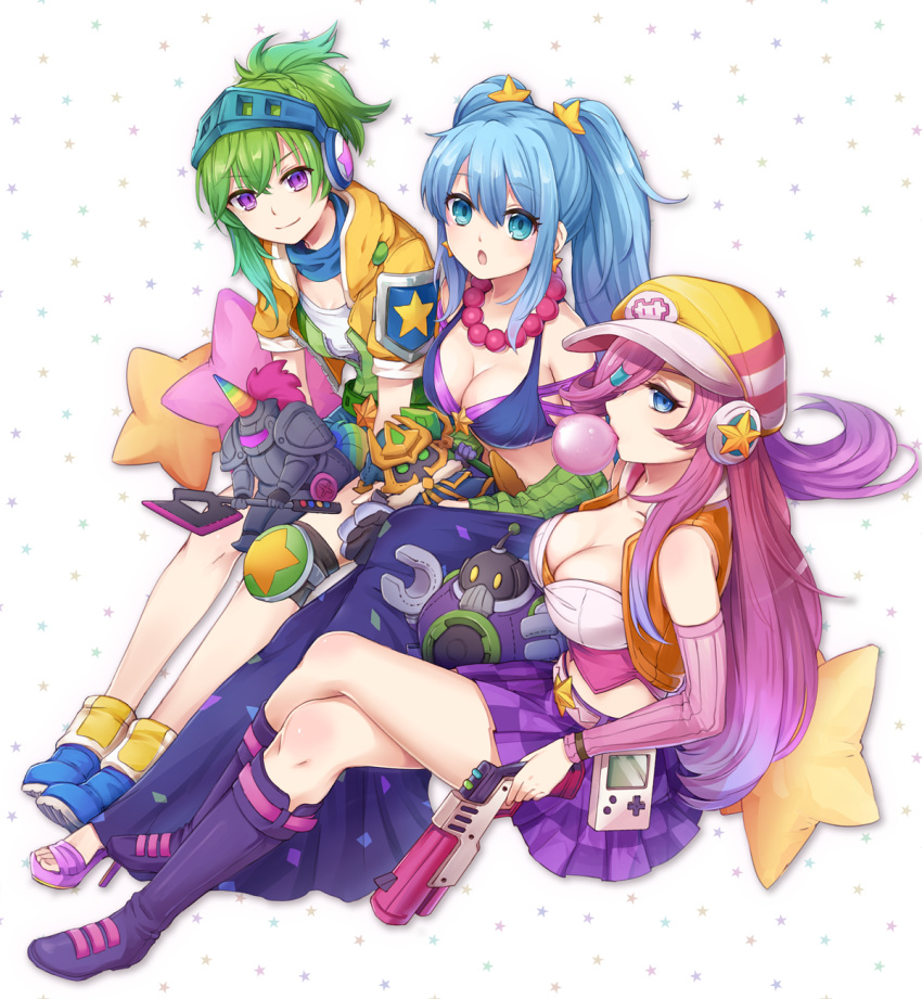 3girls alternate_costume alternate_hair_color blitzcrank blue_eyes boots breasts bubble_blowing character_doll chewing_gum cleavage game_boy green_hair gun hair_ornament hair_over_one_eye handheld_game_console hat headphones hecarim high_heels highres horn jewelry knee_pads konomoto_(knmtzzz) league_of_legends legs_crossed long_hair looking_at_viewer multiple_girls necklace open_mouth ponytail riven_(league_of_legends) sarah_fortune sitting sona_buvelle staff star star_hair_ornament star_pillow twintails veigar violet_eyes weapon