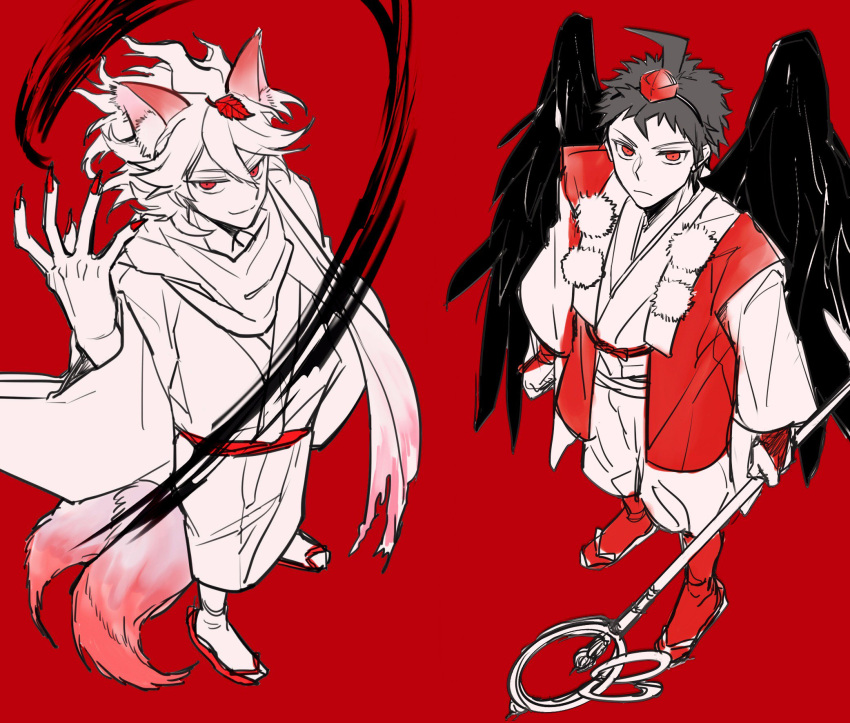 2boys ahoge animal_ears bangs black_feathers brown_hair claws dangan_ronpa feathered_wings fox_ears fox_tail hat highres hinata_hajime japanese_clothes kimono kitsune komaeda_nagito leaf leaf_on_head looking_at_viewer male_focus multiple_boys multiple_tails nb5591 red_background red_eyes sandals scarf short_hair smile super_dangan_ronpa_2 tail tengu tokin_hat torn_scarf wide_sleeves wings yukata