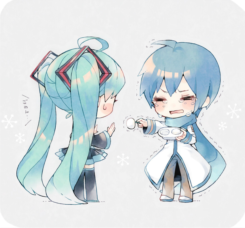 1boy 1girl ahoge blue_hair blush chibi closed_eyes crying eyelashes facing_another fork green_hair hair_ornament hatsune_miku kaito long_coat long_hair long_sleeves looking_at_another niwako offering open_mouth scarf shaking short_hair simple_background sketch skirt sweatdrop tearing_up tears text thigh-highs translation_request twintails upset very_long_hair vocaloid