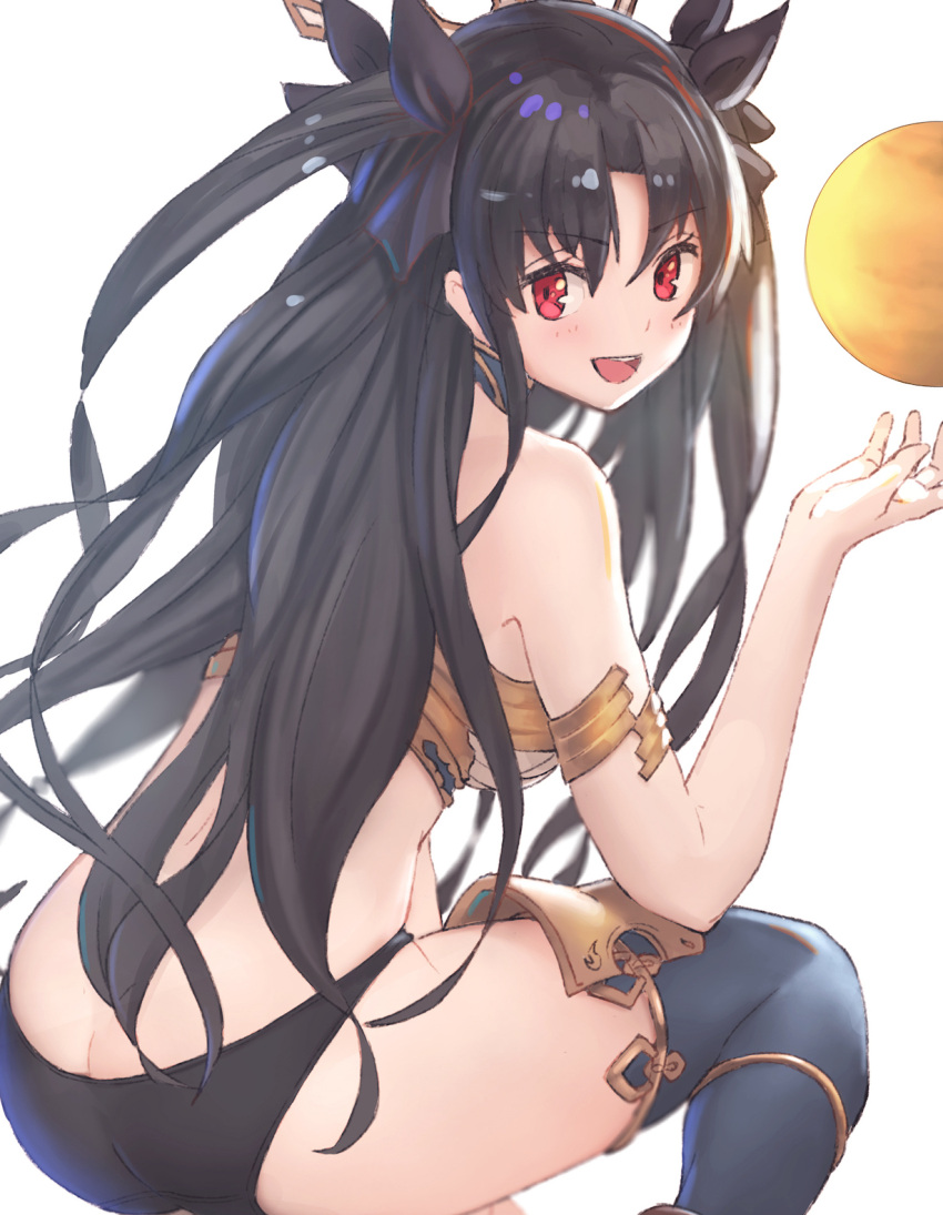 1girl armlet asarokuji ass asymmetrical_legwear ball bare_shoulders black_hair black_panties blurry breasts butt_crack commentary_request depth_of_field fate/grand_order fate_(series) from_behind hair_ribbon highres ishtar_(fate/grand_order) jewelry long_hair looking_at_viewer looking_back neck_ring open_mouth panties red_eyes ribbon simple_background single_thighhigh sitting smile solo thigh-highs tohsaka_rin two_side_up underwear white_background