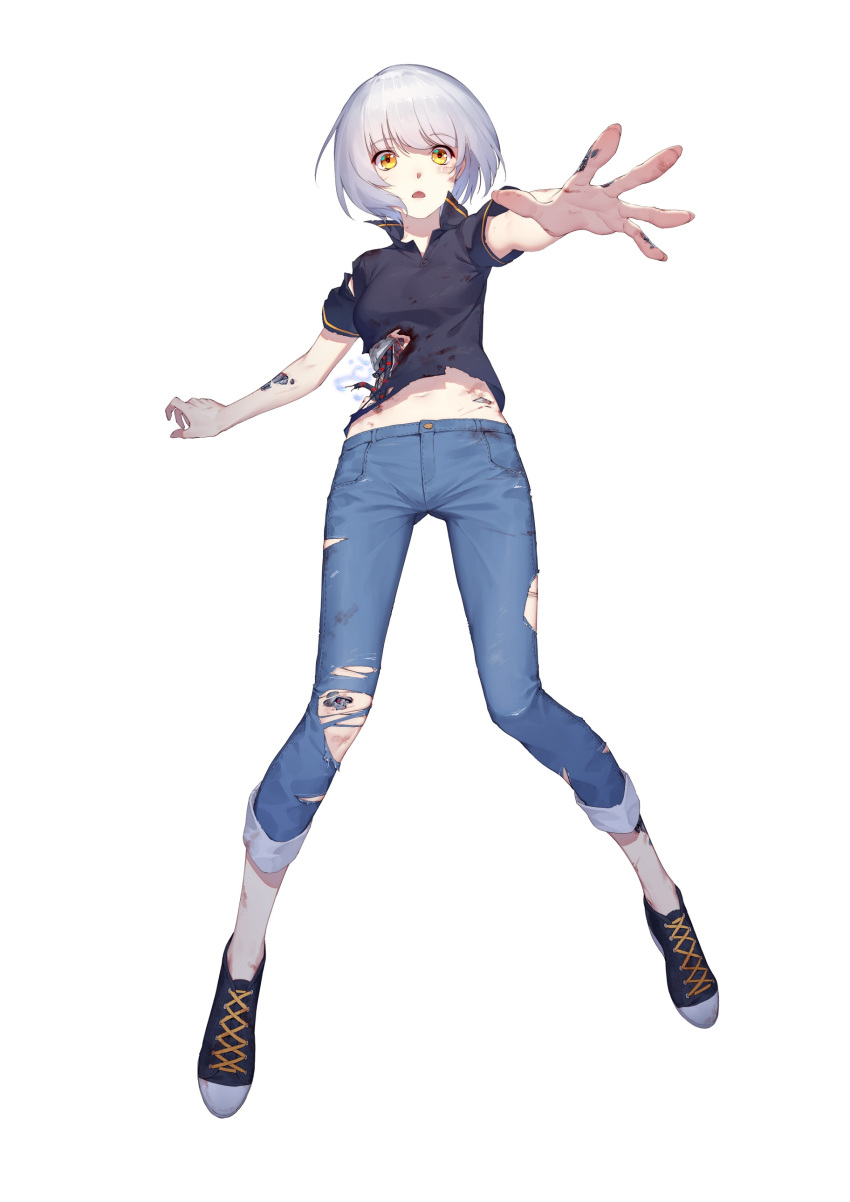 1girl absurdres android damaged daye_bie_qia_lian full_body highres looking_at_viewer original parts_exposed reaching_out science_fiction short_hair silver_hair simple_background solo torn_clothes yellow_eyes