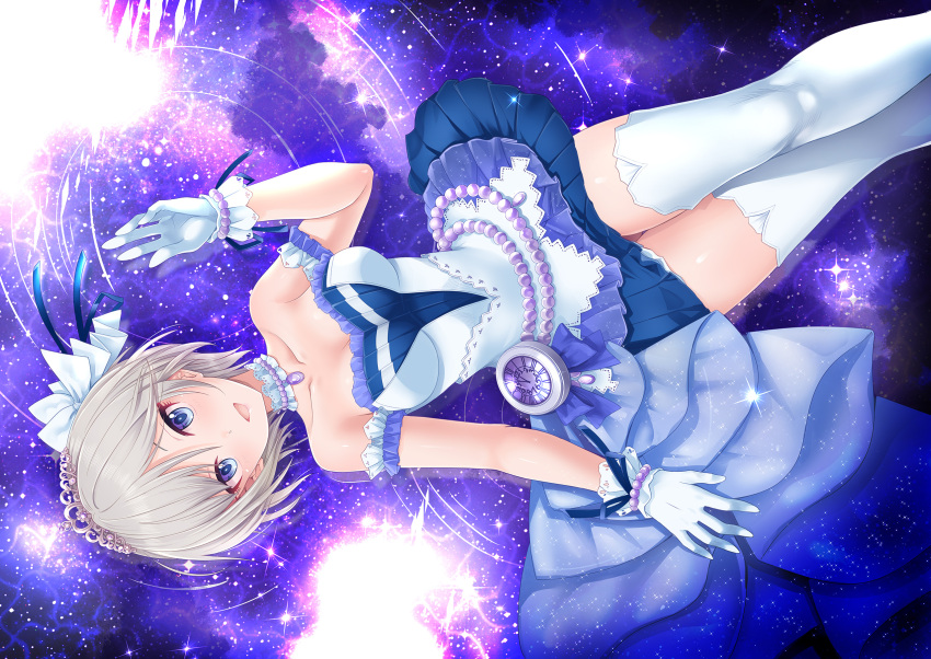 1girl anastasia_(idolmaster) bare_shoulders blue_eyes blush choker commentary_request dress from_above gloves highres idolmaster idolmaster_cinderella_girls idolmaster_cinderella_girls_starlight_stage jewelry kazu looking_at_viewer lying on_back open_mouth pocket_watch short_hair silver_hair smile solo starry_sky_bright thigh-highs tiara watch white_dress white_gloves white_legwear