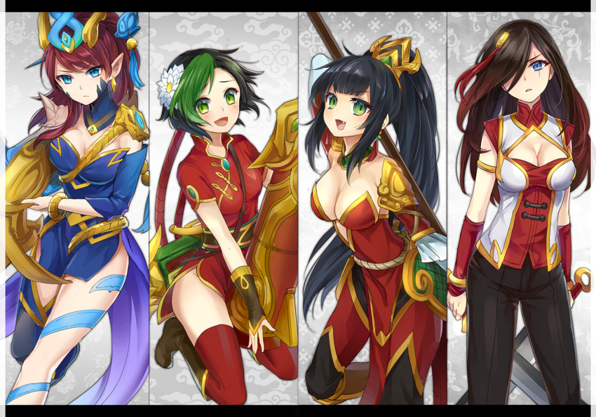 4girls alternate_costume alternate_hair_color aqua_eyes bangle black_hair blue_eyes blush bracelet braid breasts caitlyn_(league_of_legends) chinese_clothes cleavage cleavage_cutout earrings fang flower green_eyes green_hair hair_flower hair_ornament hair_over_one_eye hair_tubes jewelry jinx_(league_of_legends) katarina_du_couteau konomoto_(knmtzzz) league_of_legends looking_at_viewer multicolored_hair multiple_girls nidalee open_mouth parted_lips pointy_ears ponytail redhead scar scar_across_eye thigh-highs two-tone_hair