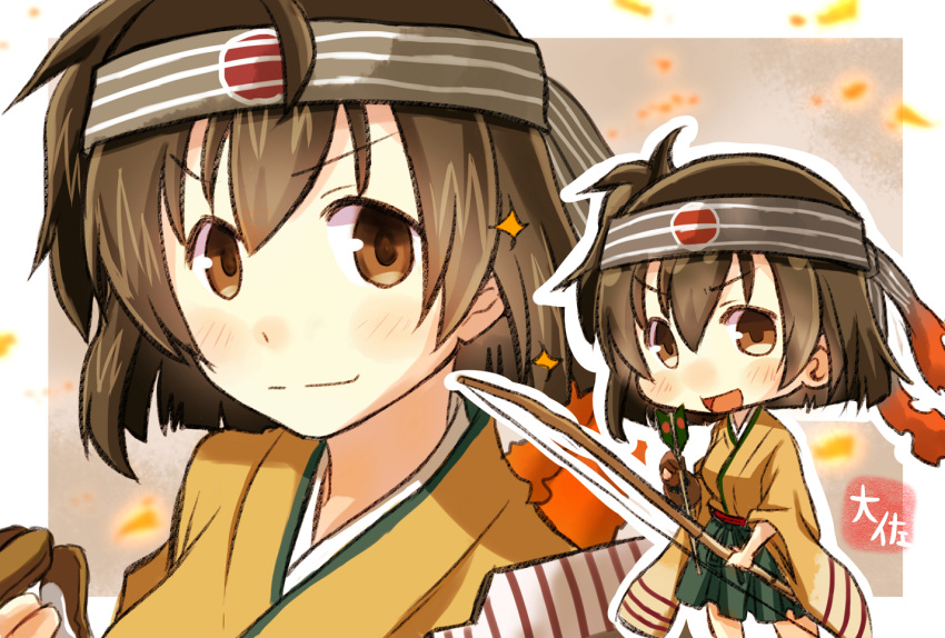 &gt;:) &gt;:d 1girl :d arrow artist_name bow_(weapon) brown_eyes brown_gloves brown_hair chibi gloves green_hakama hair_between_eyes hakama headband hiryuu_(kantai_collection) holding_arrow holding_bow_(weapon) japanese_clothes kantai_collection kimono long_sleeves multiple_views one_side_up open_mouth partly_fingerless_gloves remodel_(kantai_collection) short_hair single_glove smile solo taisa_(kari) weapon wide_sleeves yellow_kimono yugake