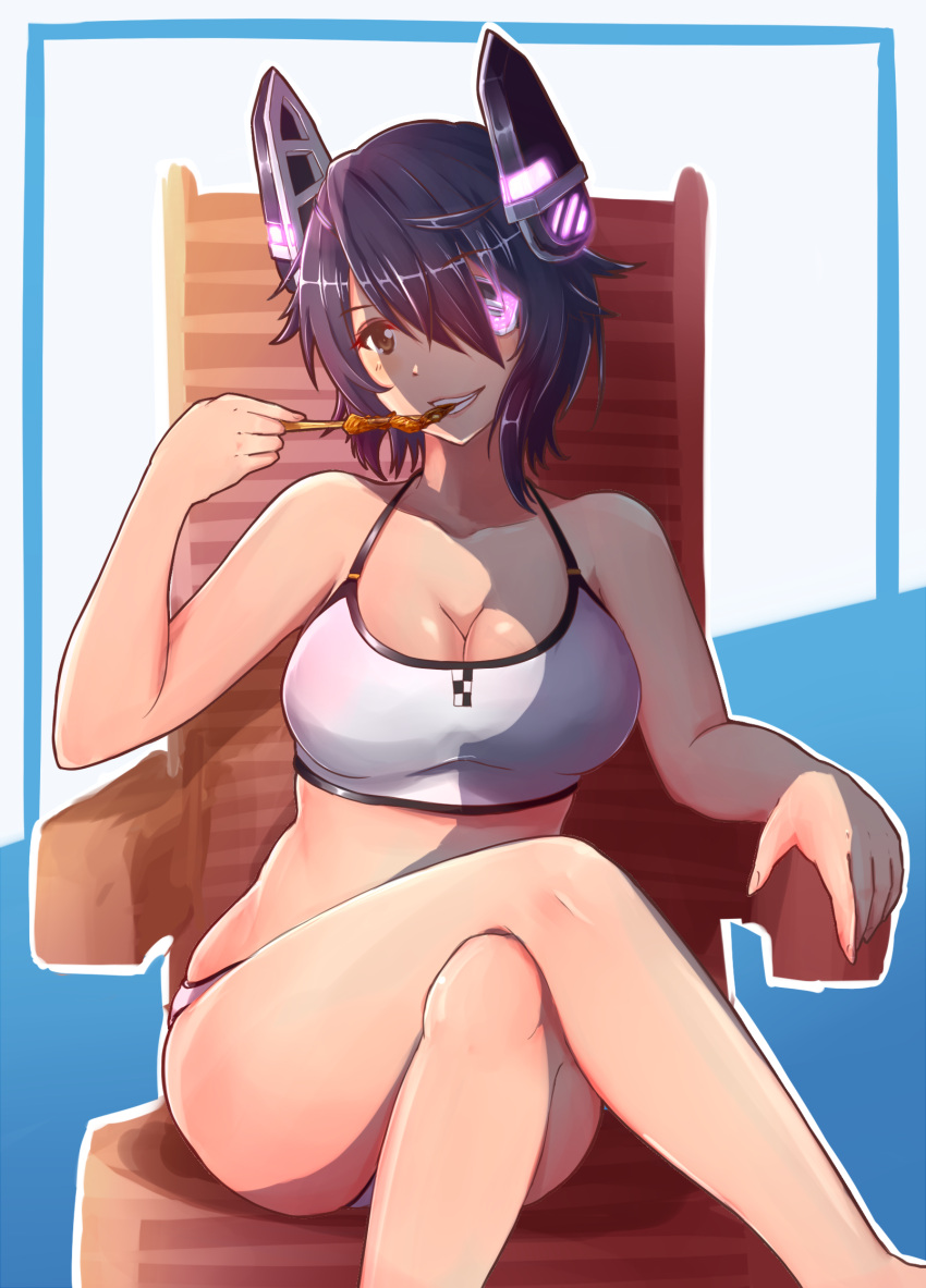 1girl armrest bikini breasts brown_eyes chair cleavage eating edwin_(cyberdark_impacts) eyepatch food glowing hair_over_one_eye headgear highres kantai_collection large_breasts legs_crossed looking_at_viewer machinery parted_lips purple_hair revision short_hair sitting smile solo swimsuit teeth tenryuu_(kantai_collection) white_bikini