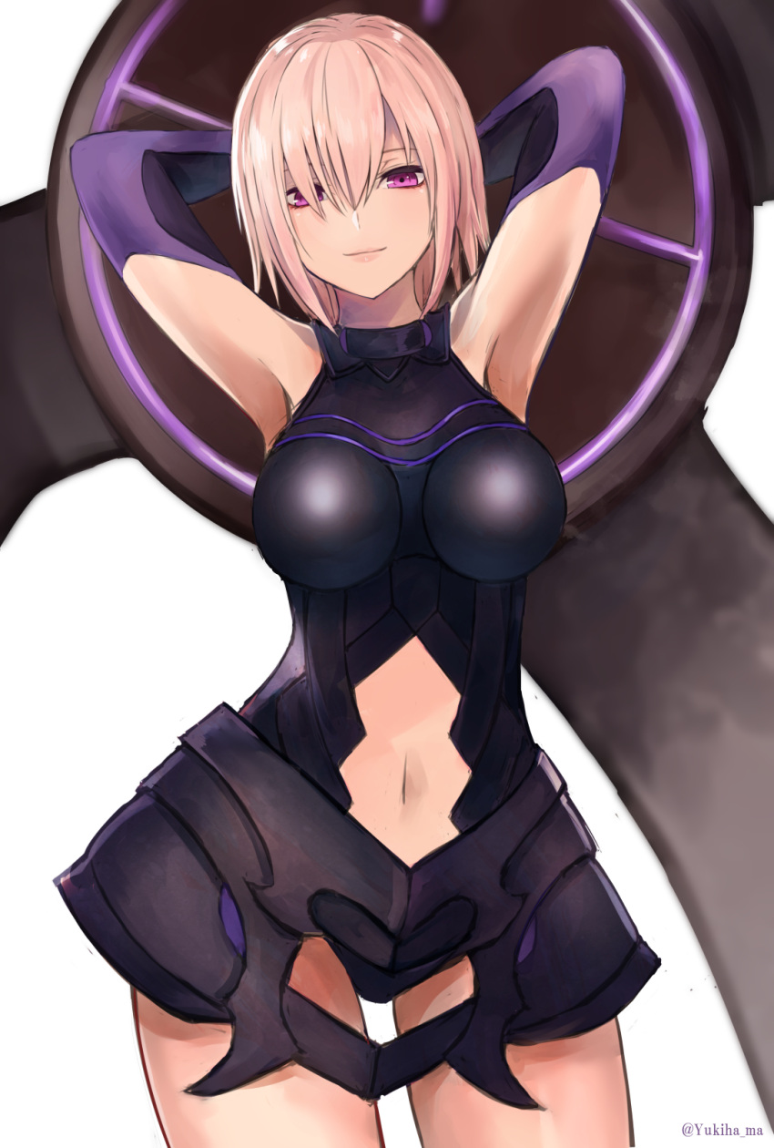1girl armor armpits arms_behind_head breasts fate/grand_order fate_(series) highres looking_at_viewer navel purple_hair shield shielder_(fate/grand_order) smile solo violet_eyes yukihama