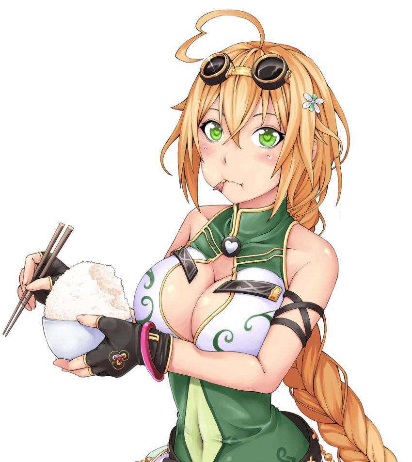 1girl :t ayase_tamaki balloon balloon_vine_(flower_knight_girl) black_gloves blonde_hair blush bowl bracelet braid breasts chopsticks cleavage cleavage_cutout covered_navel cup eating fingerless_gloves fish flower flower_knight_girl food food_in_mouth gloves goggles goggles_on_head green_eyes hair_flower hair_ornament hairpin heart heart-shaped_pupils highres impossible_clothes jewelry large_breasts long_hair looking_at_viewer rice shirt simple_background sleeveless sleeveless_shirt solo symbol-shaped_pupils white_background