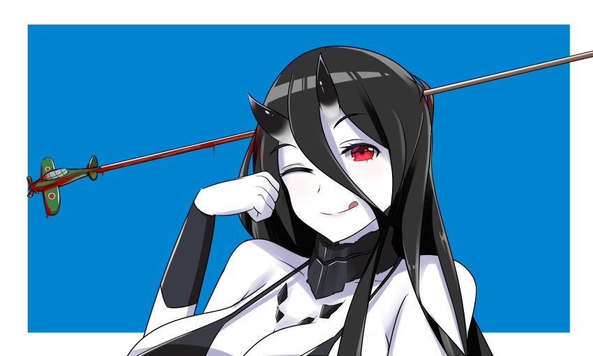 1girl aircraft airplane altronage arrow arrow_in_head battleship_hime black_hair breasts commentary highres horns kantai_collection large_breasts long_hair oni_horns pale_skin red_eyes shinkaisei-kan very_long_hair white_skin