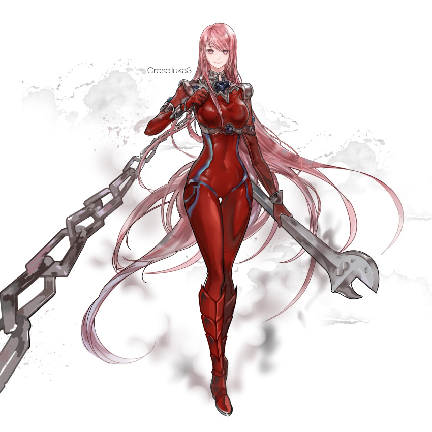 1girl 96dgd absurdres bodysuit breasts chains dungeon_and_fighter highres long_hair looking_at_viewer oversized_object pink_eyes pink_hair skin_tight smile solo wrench