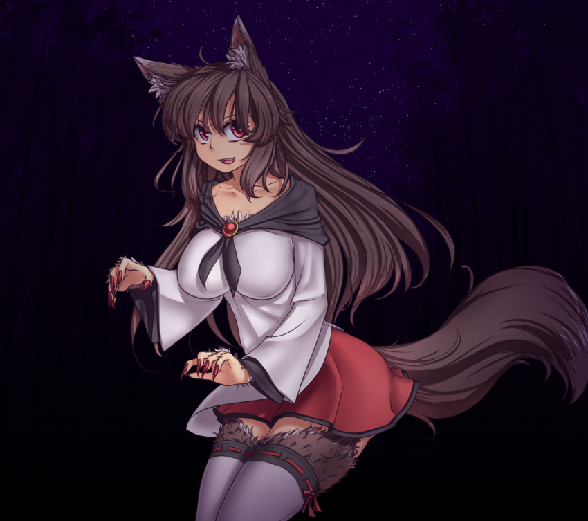 &gt;:d 1girl :d animal_ears bamboo bamboo_forest breasts brooch brown_fur brown_hair capelet collarbone fingernails forest fur hater_(hatater) highres imaizumi_kagerou jewelry large_breasts long_fingernails long_hair long_sleeves looking_at_viewer nail_polish nature night night_sky open_mouth red_eyes red_nails red_skirt ribbon-trimmed_legwear ribbon_trim sharp_fingernails skirt sky smile solo star_(sky) starry_sky tail thigh-highs touhou wide_sleeves wolf_ears wolf_tail