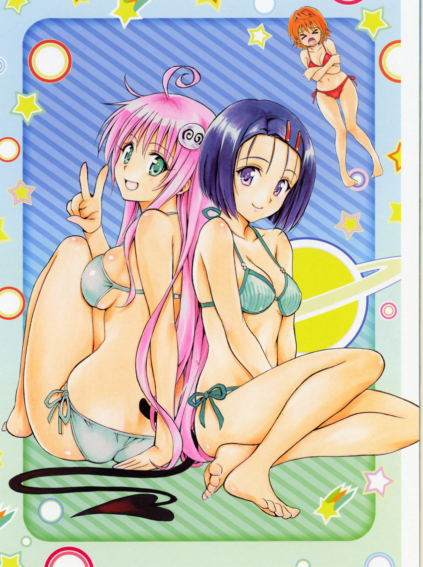 &gt;o&lt; 3girls absurdres ass barefoot between_legs bikini blue_hair breasts collarbone covered_breasts crossed_arms demon_tail female full_body genderswap genderswap_(mtf) green_bikini green_eyes hair_ornament hand_between_legs highres lala_satalin_deviluke long_hair looking_at_viewer medium_breasts midriff multiple_girls navel open_mouth orange_hair pink_hair red_bikini sairenji_haruna shiny shiny_skin short_hair side-tie_bikini smile standing star stomach striped striped_background striped_bikini swimsuit tail to_love-ru v very_long_hair violet_eyes yabuki_kentarou yuuki_rito yuusaki_riko