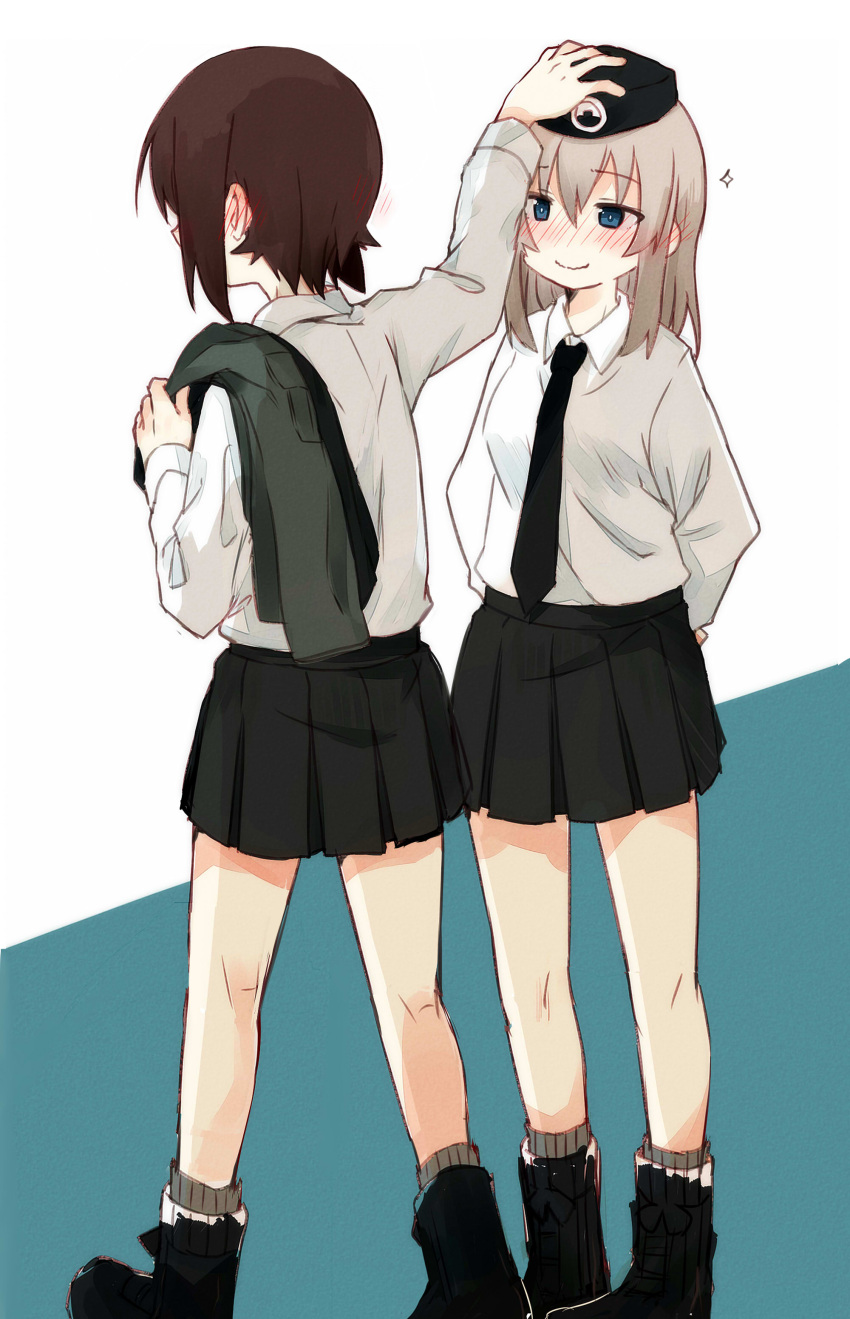 2girls absurdres ankle_boots arms_behind_back bangs beret black_boots black_hat black_necktie black_skirt blue_eyes blush boots closed_mouth dress_shirt ear_blush emblem from_behind fud full_body girls_und_panzer grey_legwear hat highres itsumi_erika jacket jacket_over_shoulder jacket_removed japanese_tankery_league_(emblem) long_hair looking_at_another military_hat miniskirt multiple_girls necktie nishizumi_maho pleated_skirt selection_university_military_uniform shirt short_hair silver_hair skirt smile socks sparkle standing white_shirt yuri