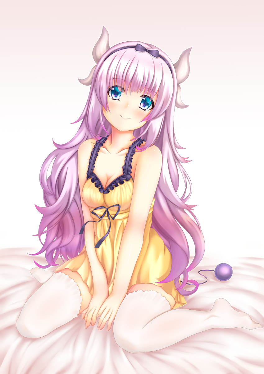 1girl absurdres between_legs blue_eyes blush bow breasts cleavage closed_mouth collarbone dragon_girl dragon_horns dragon_tail eyebrows_visible_through_hair frills full_body hairband hand_between_legs head_tilt highres horns kanna_kamui kobayashi-san_chi_no_maidragon lavender_hair lingerie long_hair looking_up medium_breasts negligee older own_hands_together siki2046 sitting smile solo tail thigh-highs underwear v_arms very_long_hair wariza white_legwear
