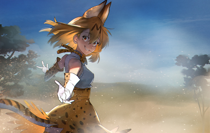 1girl animal_ears bangs bare_shoulders blonde_hair blue_sky bow bowtie breasts clouds day eyebrows_visible_through_hair fog gloves hair_between_eyes kemono_friends looking_at_viewer outdoors pov reaching_out savannah serval_(kemono_friends) serval_ears serval_print serval_tail short_hair sky sleeveless smile solo summergoat tail teeth thigh-highs tree wind wind_lift yellow_eyes