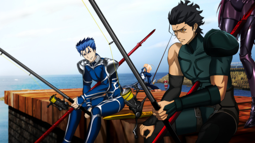 2boys 2girls blood commentary_request day death dock fate/grand_order fate/stay_night fate/zero fate_(series) fishing fishing_rod food gae_bolg gae_buidhe gae_dearg genya_(genya67) highres ice_cream impaled lancer lancer_(fate/zero) multiple_boys multiple_girls ocean parody pier polearm saber sandwich scathach_(fate/grand_order) sky spear stabbed weapon