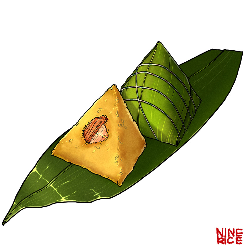 absurdres artist_name artist_request bamboo bamboo_leaf commentary_request food fried_rice highres no_humans realistic simple_background string taro_(food) text white_background zongzi