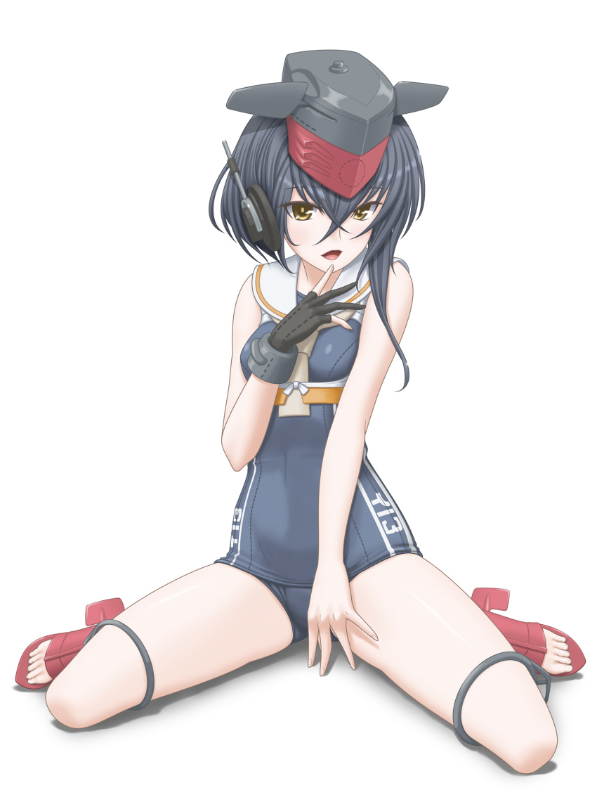 1girl asymmetrical_hair black_hair brown_eyes gloves hair_between_eyes hat headphones highres i-13_(kantai_collection) kantai_collection looking_at_viewer open_mouth open_toe_shoes partly_fingerless_gloves sailor_collar school_swimsuit shoes short_hair simple_background single_glove sitting solo swimsuit t2r wariza white_background