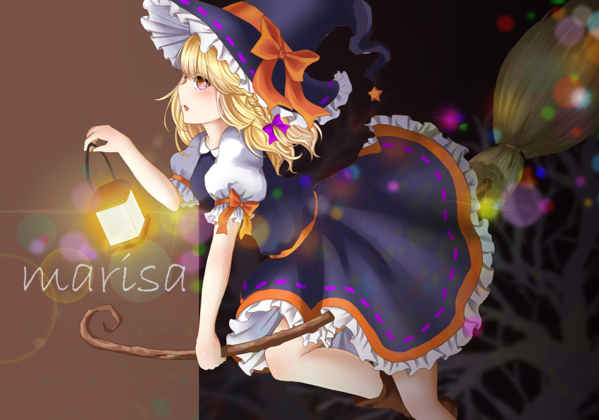 1girl blonde_hair blurry boots braid broom broom_riding character_name depth_of_field folded_leg frilled_skirt frills hair_ribbon hat hat_ribbon highres hoshiringo0902 kirisame_marisa lantern light_particles long_hair looking_at_viewer open_mouth profile puffy_short_sleeves puffy_sleeves red_eyes ribbon ribbon-trimmed_sleeves ribbon_trim sash short_sleeves side_glance single_braid skirt skirt_set solo touhou tree tress_ribbon two-tone_background witch_hat