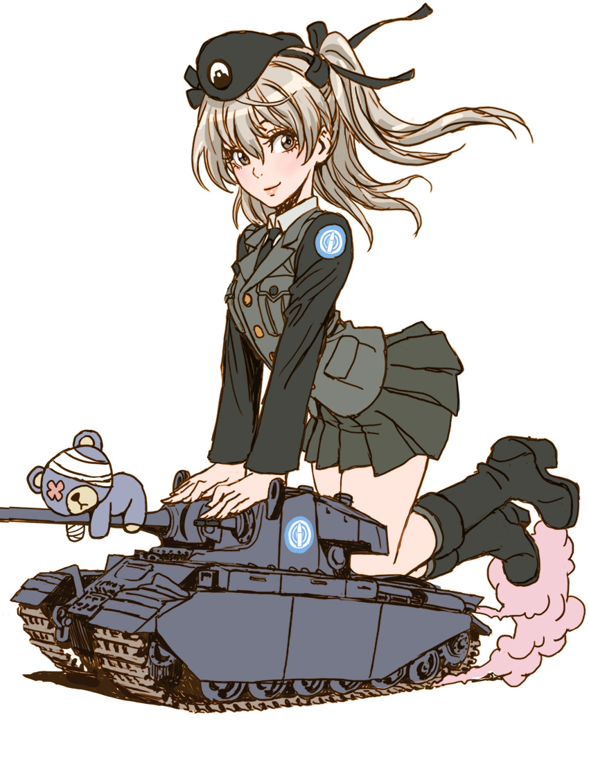 1girl absurdres black_boots boots brown_eyes centurion_(tank) full_body girls_und_panzer ground_vehicle hat highres light_brown_hair long_hair military military_vehicle miniskirt motor_vehicle necktie pleated_skirt shimada_arisu side_ponytail skirt smile smoke solo stuffed_animal stuffed_toy tank teddy_bear uniform yamashita_shun'ya