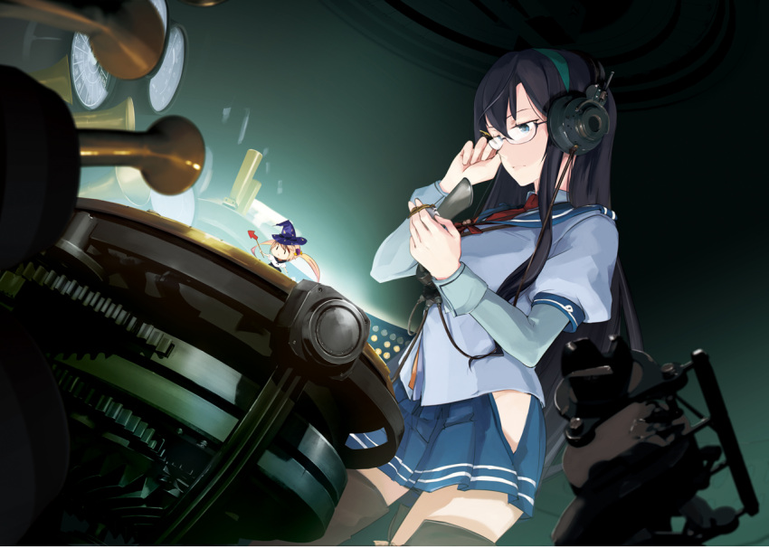 2girls adjusting_glasses black_hair blonde_hair blue_eyes blurry depth_of_field directional_arrow fairy_(kantai_collection) glasses hairband hat headphones hip_vent kantai_collection long_hair majokko_(kantai_collection) multiple_girls ooyodo_(kantai_collection) pleated_skirt rashinban_musume revision size_difference skirt takeshima_satoshi witch_hat