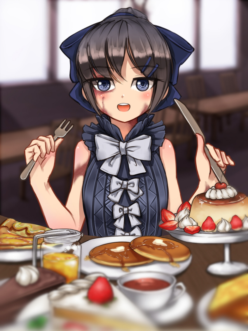 1girl :d artist_request black_hair blue_bow blue_eyes blurry blurry_background bow bowtie burn_scar cake cherry chocolate_cake cup depth_of_field dessert dorei_to_no_seikatsu_~teaching_feeling~ eyebrows_visible_through_hair food fork fruit hair_bow hair_ornament hairclip happy heart heart_in_eye highres holding holding_fork holding_knife honey indoors knife large_bow looking_at_viewer open_mouth pancake pie plate ponytail pudding scar sleeveless smile solo strawberry strawberry_shortcake sweets sylvie_(dorei_to_no_seikatsu) table tea teacup toast whipped_cream