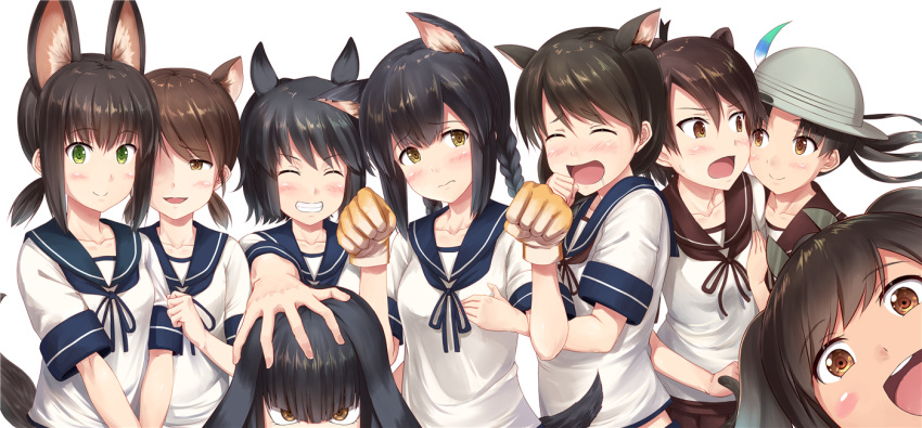 6+girls alternate_hairstyle animal_ears arm_grab ayanami_(kantai_collection) black_hair blush breasts brown_eyes brown_hair bucket_hat frown fubuki_(kantai_collection) gloves green_eyes grin hair_between_eyes hand_on_another's_head hat hat_feather hatsuyuki_(kantai_collection) hug i-401_(kantai_collection) ichikawa_feesu isonami_(kantai_collection) kantai_collection kemono_friends kemonomimi_mode kotori_photobomb long_hair looking_at_another looking_at_viewer miyuki_(kantai_collection) multiple_girls open_mouth parody paw_gloves paw_pose paws photobomb sailor_collar school_uniform serval_ears shikinami_(kantai_collection) shirayuki_(kantai_collection) short_hair short_sleeves short_twintails small_breasts smile twintails upper_body uranami_(kantai_collection) yellow_eyes