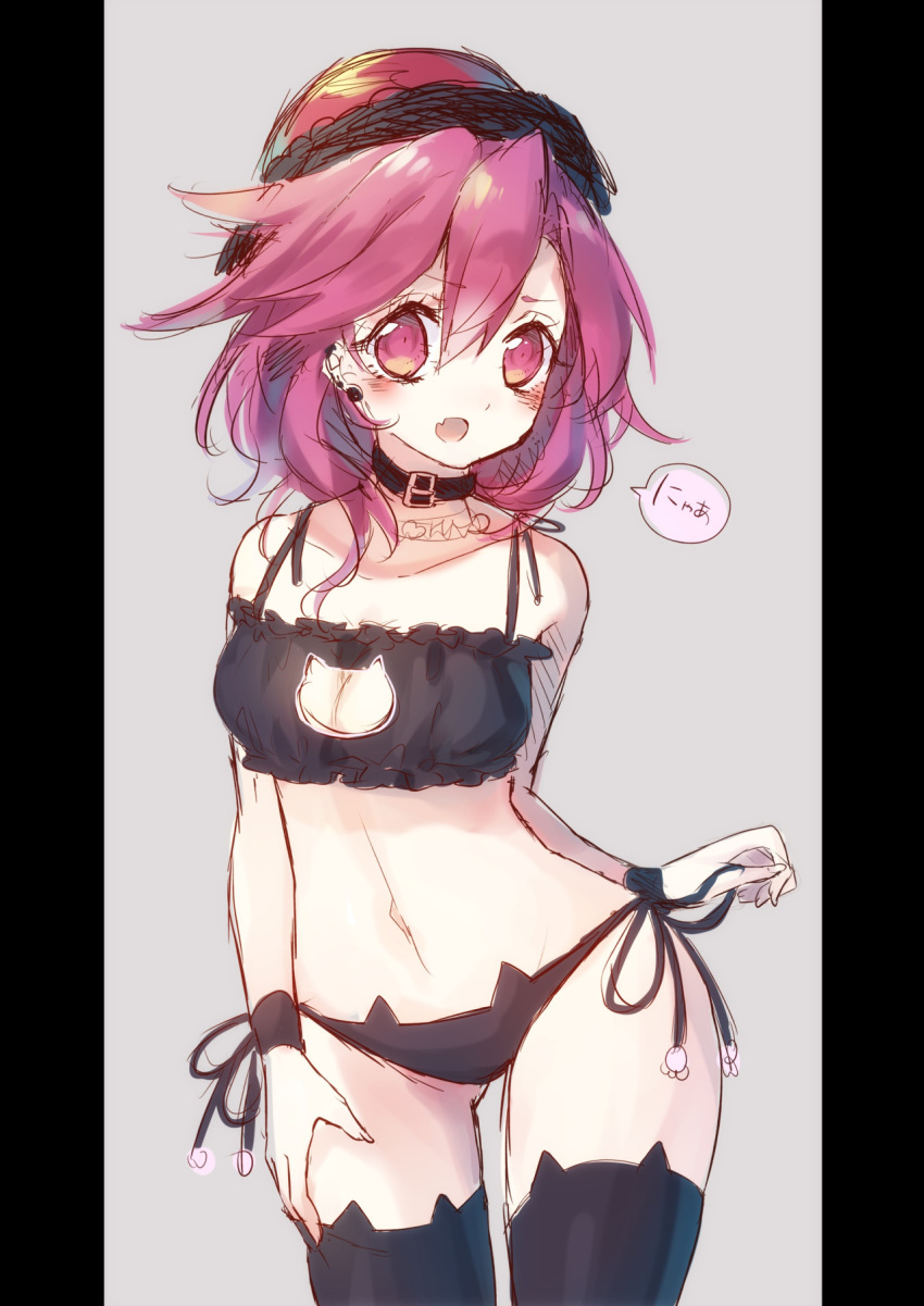 1girl black_bra black_legwear black_panties bra cat_ear_panties cat_lingerie collarbone cowboy_shot earrings hecatia_lapislazuli highres jewelry kyouda_suzuka meme_attire navel panties polos_crown red_eyes redhead side-tie_panties sketch solo thigh-highs touhou underwear underwear_only wrist_cuffs