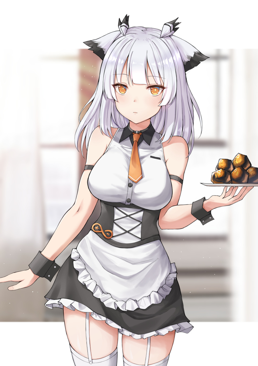 1girl absurdres apron arknights arm_strap bangs bare_arms bare_shoulders black_skirt breasts commentary_request cowboy_shot eyebrows_visible_through_hair frilled_apron frills garter_straps highres holding holding_tray long_hair looking_at_viewer mango_(mgo) medium_breasts miniskirt necktie orange_neckwear originium_(arknights) petticoat pointy_hair ptilopsis_(arknights) rhine_lab_logo shirt silver_hair skirt sleeveless sleeveless_shirt solo standing thigh-highs tray waist_apron white_apron white_legwear white_shirt wrist_cuffs yellow_eyes