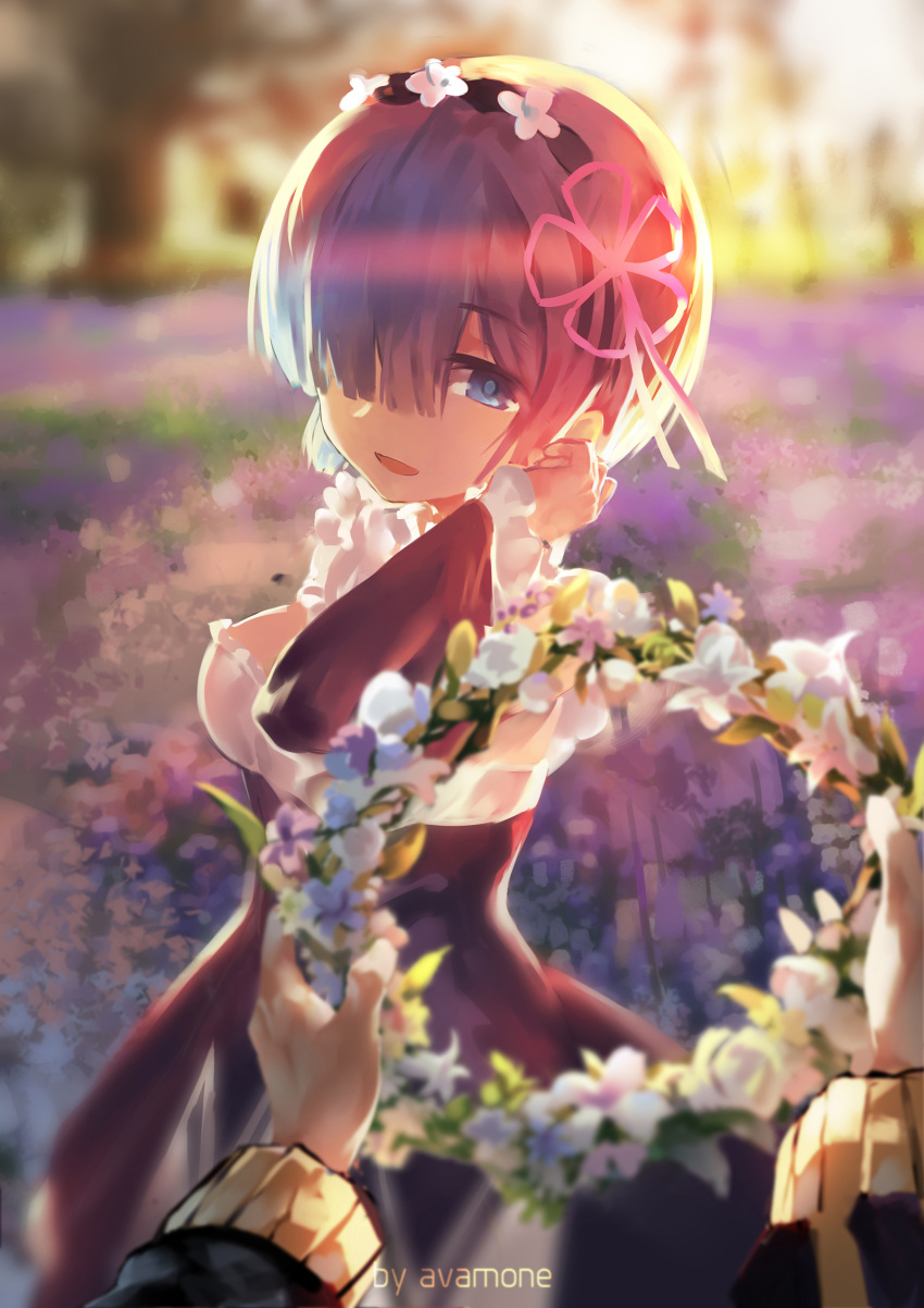 1girl artist_name avamone black_dress blue_eyes blue_hair breasts cleavage detached_sleeves dress evening field floral_background flower flower_field from_behind hair_ornament hairclip head_wreath highres looking_at_viewer maid maid_headdress medium_breasts open_mouth out_of_frame pov pov_hands re:zero_kara_hajimeru_isekai_seikatsu rem_(re:zero) revision short_hair solo_focus sunlight x_hair_ornament