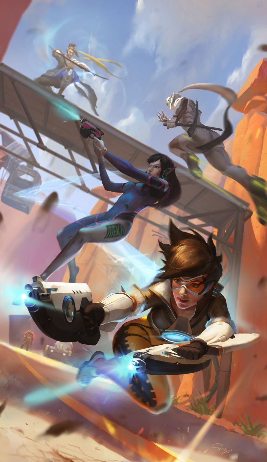2girls 3boys absurdres aiming animal_print armor bangs beard black_hair bodysuit bomber_jacket bow_(weapon) breasts brown_eyes brown_hair brown_jacket bunny_print canyon clouds cowboy_hat cross-laced_legwear cyborg d.va_(overwatch) day dual_wielding facepaint facial_hair facial_mark finger_on_trigger firing foreshortening genji_(overwatch) gloves goggles gun handgun hanzo_(overwatch) harness hat headphones helmet high_collar highres holding holding_bow_(weapon) holding_gun holding_weapon jacket japanese_clothes jumping katana leather leather_jacket long_hair looking_at_viewer mask mccree_(overwatch) medium_breasts meka_(overwatch) multiple_boys multiple_girls one_eye_closed orange_bodysuit outdoors overwatch pants pilot_suit pink_lips pistol poncho ponytail power_armor ribbed_bodysuit sheath shoulder_pads shuriken skin_tight spiky_hair swept_bangs sword tattoo tight tight_pants tracer_(overwatch) vambraces weapon whisker_markings white_gloves xiaofei_syrup