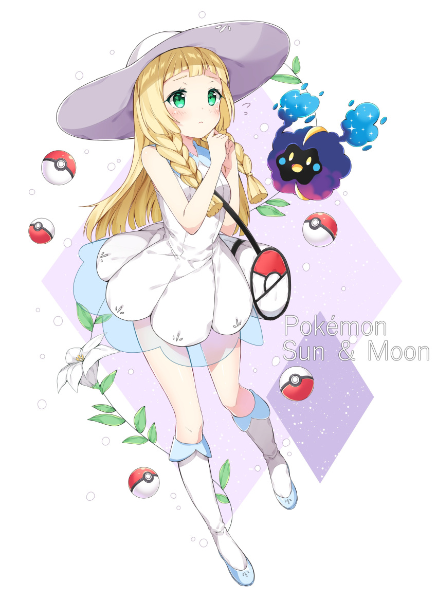 1girl absurdres bag bangs bare_arms bare_shoulders blonde_hair blunt_bangs blush boots braid breasts chitetan closed_mouth copyright_name cosmog diamond_(shape) dress english eyelashes flower frown full_body green_eyes hat highres lillie_(pokemon) lily_(flower) long_hair looking_at_viewer looking_up namesake own_hands_together poke_ball pokemon pokemon_(creature) pokemon_(game) pokemon_sm see-through sleeveless sleeveless_dress small_breasts sparkle sun_hat twin_braids white_background white_boots white_dress white_flower white_hat