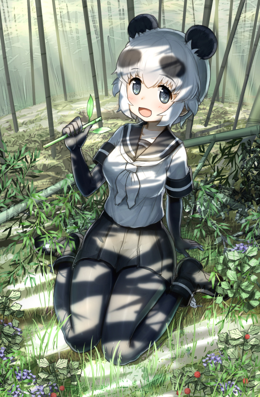 1girl animal_ears arm_support ayatarosu bamboo bamboo_forest bangs black_eyes black_gloves black_legwear black_skirt blush boots commentary_request dappled_sunlight day elbow_gloves forest gloves grass highres kemono_friends leaf looking_at_viewer nature neckerchief open_mouth outdoors panda_(kemono_friends) panda_ears pantyhose plant pleated_skirt school_uniform serafuku shade short_hair short_sleeves sitting skirt smile solo sunlight tree tree_shade wariza white_hair