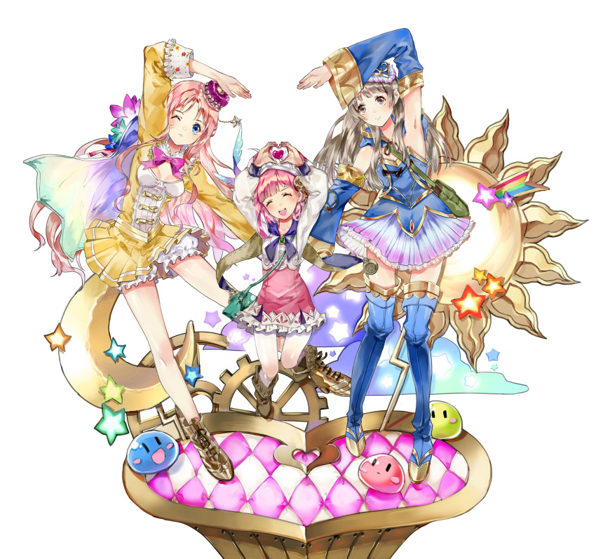 3girls atelier_(series) atelier_meruru atelier_rorona atelier_totori blue_eyes boots breasts brown_eyes brown_hair cleavage crown dress hair_ornament hat highres long_hair long_legs medium_breasts merurulince_rede_arls mizukiyan multiple_girls open_mouth pink_hair puni_(atelier) rororina_fryxell small_breasts smile thigh-highs thigh_boots totooria_helmold younger