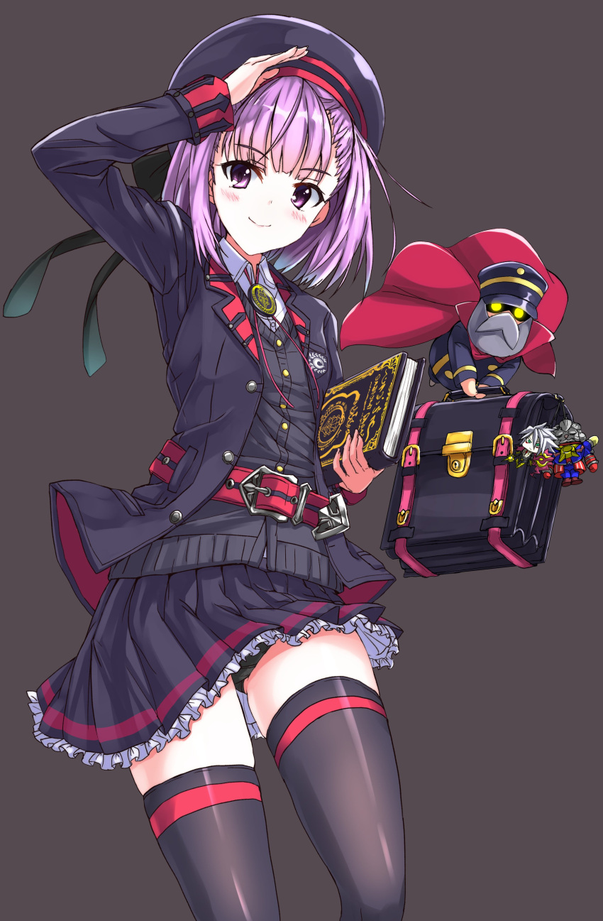 1girl 2boys absurdres bag black_legwear book briefcase fate/apocrypha fate/grand_order fate_(series) flat_chest hat helena_blavatsky_(fate/grand_order) highres karna_(fate) keychain looking_at_viewer multiple_boys purple_hair saiki_rider salute school_uniform short_hair simple_background smile solo_focus thigh-highs thomas_edison_(fate/grand_order) tree_of_life violet_eyes white_hair