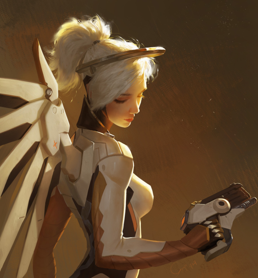 1girl blonde_hair bodysuit breasts brown_background closed_eyes eyelashes facing_away gun hair_tie handgun high_ponytail highres holding holding_gun holding_weapon looking_down looking_to_the_side mechanical_halo mechanical_wings medium_breasts mercy_(overwatch) nose overwatch pink_lips pistol realistic solo upper_body weapon wings xiaofei_syrup yellow_wings