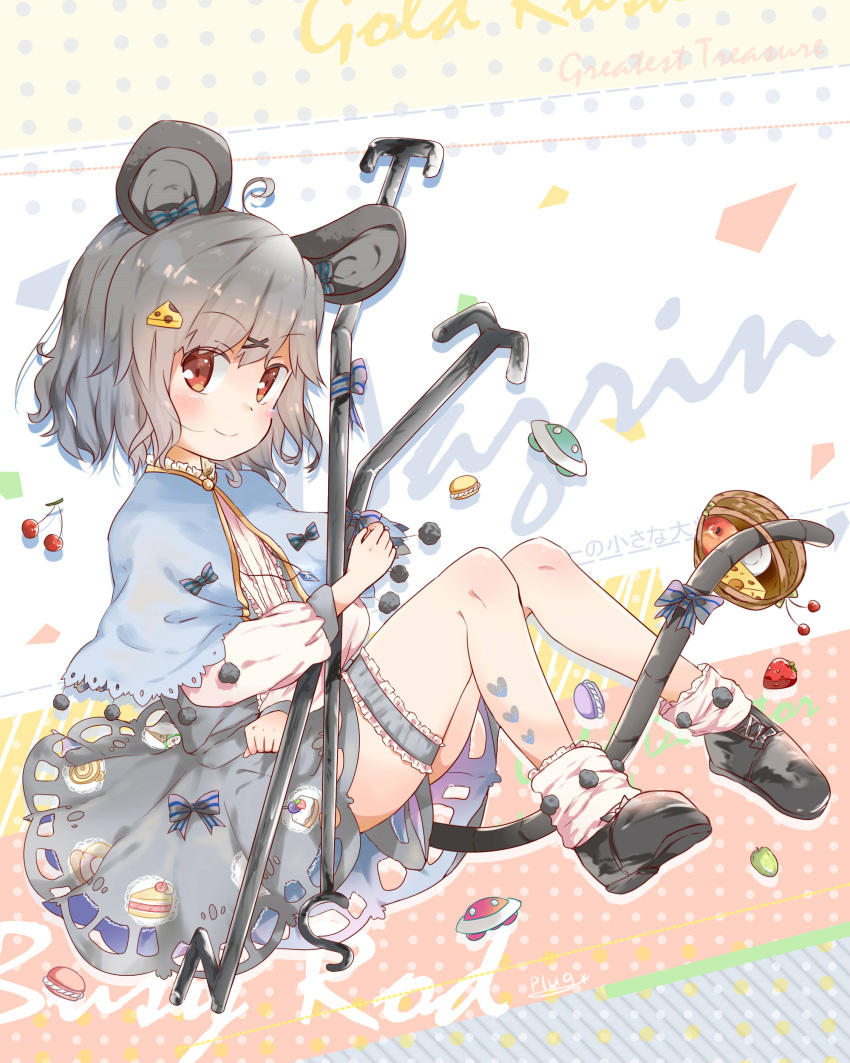 1girl absurdres ahoge animal_ears apple basket black_shoes bobby_socks bow capelet cheese cherry cutout dress eyebrows_visible_through_hair floating food food_print frilled_legwear fruit full_body grey_dress grey_hair hair_bow heart highres long_sleeves looking_at_viewer macaron mouse_ears mouse_girl mouse_tail nazrin orange_eyes plug_(feng-yushu) shoes short_hair smile socks solo strawberry striped striped_bow tail tail_bow tail_hold thigh_cuffs touhou ufo white_legwear