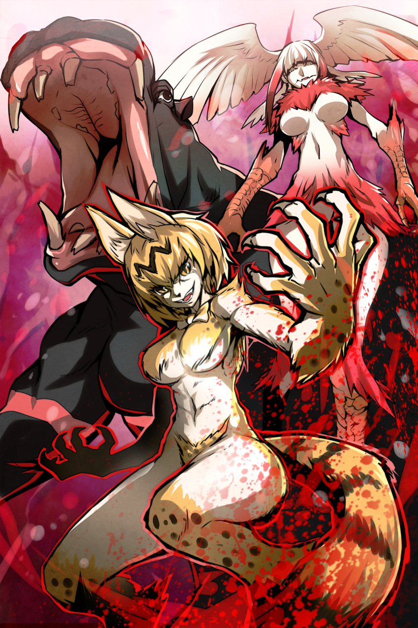 2girls abs animal animal_ears blonde_hair blood breasts claws crested_ibis_(kemono_friends) feathers fur head_wings highres hippopotamus hippopotamus_(kemono_friends) kemono_friends kurobuchi_numama long_hair multicolored_hair multiple_girls open_mouth personification serval_(kemono_friends) serval_ears serval_print serval_tail short_hair tail talons teeth two-tone_hair wings yellow_eyes