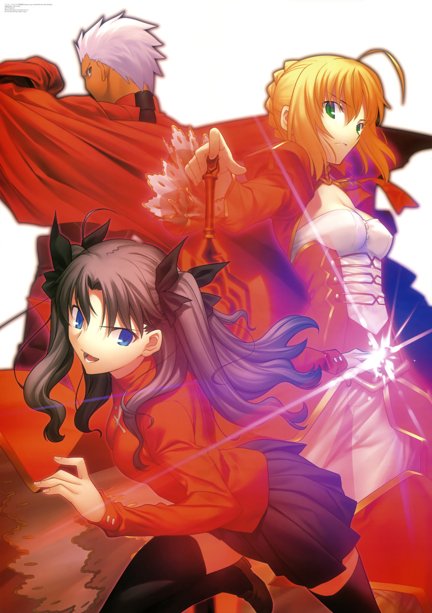 1boy 2girls :d absurdres ahoge archer black_hair black_legwear black_ribbon black_skirt blonde_hair blue_eyes breasts cape cleavage dark_skin dress fate/extra fate/stay_night fate_(series) green_eyes hair_between_eyes hair_ribbon highres long_hair looking_at_viewer looking_back medium_breasts multiple_girls open_mouth panties pleated_skirt red_sweater ribbon saber_extra see-through short_hair silver_hair simosi simple_background skirt smile spiky_hair sword takeuchi_takashi thigh-highs tohsaka_rin twintails underwear weapon white_background white_panties zettai_ryouiki