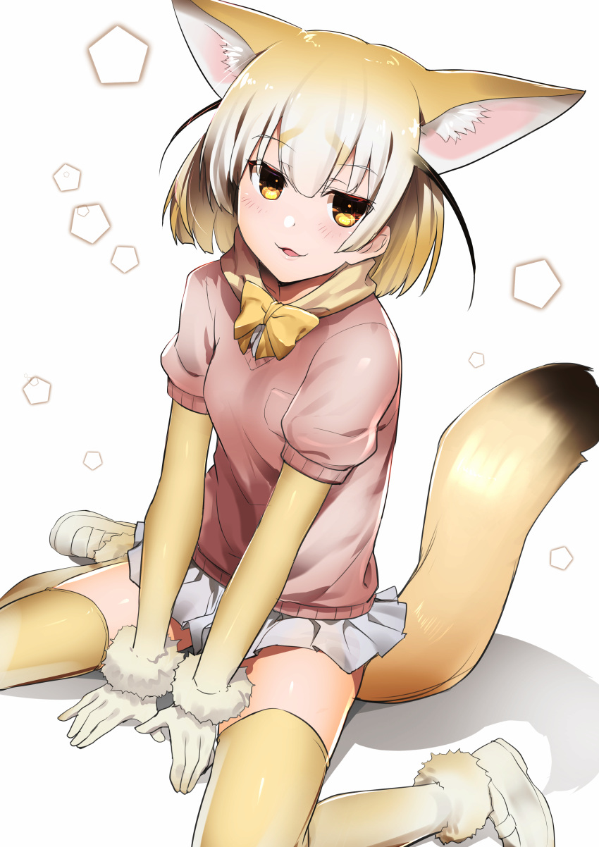 1girl :3 absurdres akechi_shizuku animal_ears bangs between_legs blonde_hair blush dutch_angle elbow_gloves eyebrows_visible_through_hair fennec_(kemono_friends) gloves grey_skirt hand_between_legs hexagon highres jitome kemono_friends looking_at_viewer miniskirt parted_lips pleated_skirt shadow shoes short_sleeves sitting skirt smile solo tail thigh-highs wariza white_background yellow_legwear