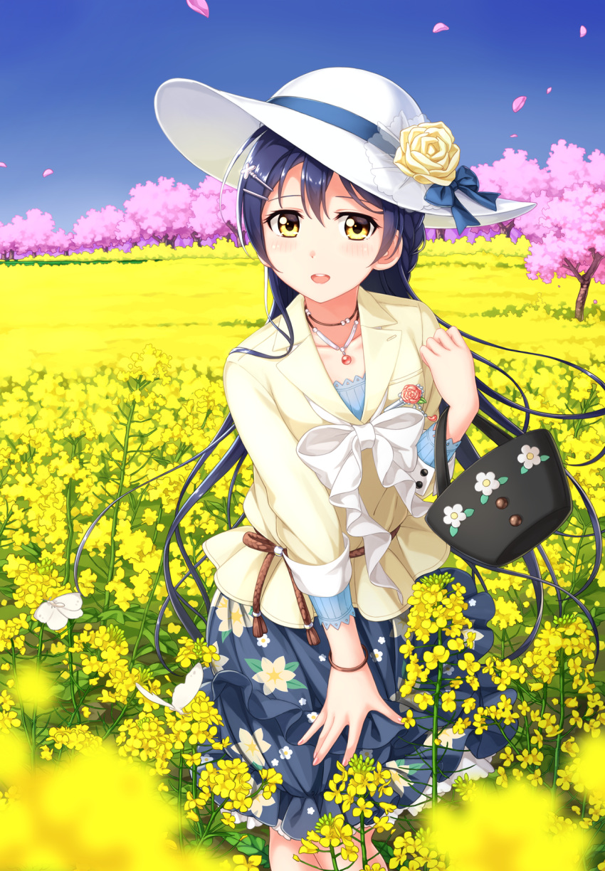 1girl blue_hair blurry blush butterfly cherry_blossoms depth_of_field field flower flower_field hair_ornament hairclip hat hat_flower highres jewelry long_hair love_live! love_live!_school_idol_project necklace open_mouth solo sonoda_umi tucana yellow_eyes
